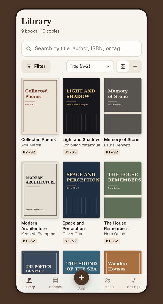 Library screen: books listed with covers and shelf codes