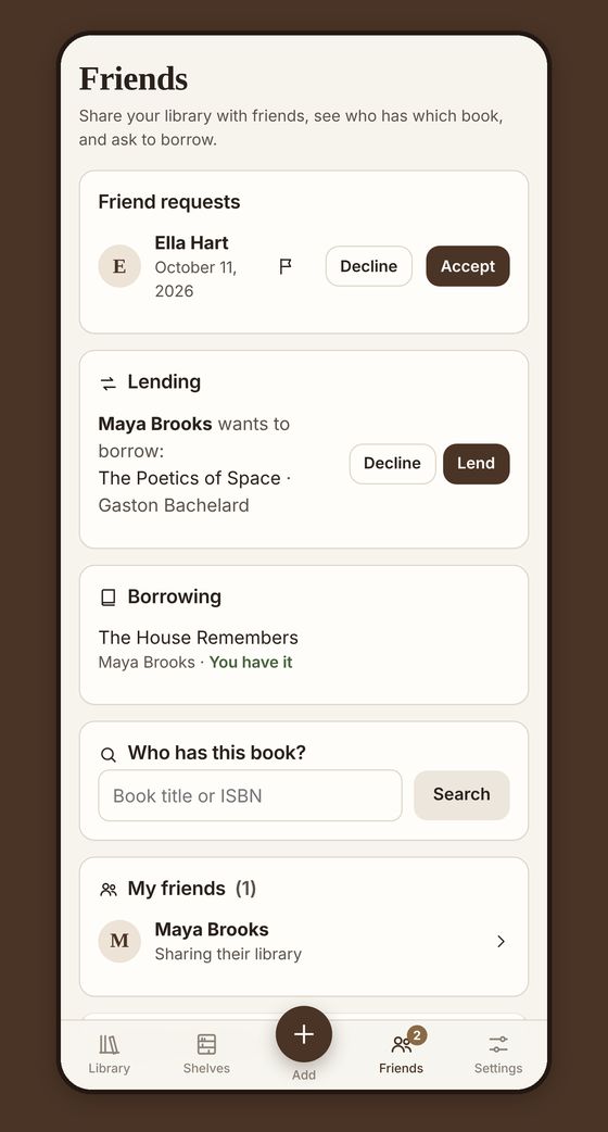 Friends screen: borrow requests and “Who has this book?” search
